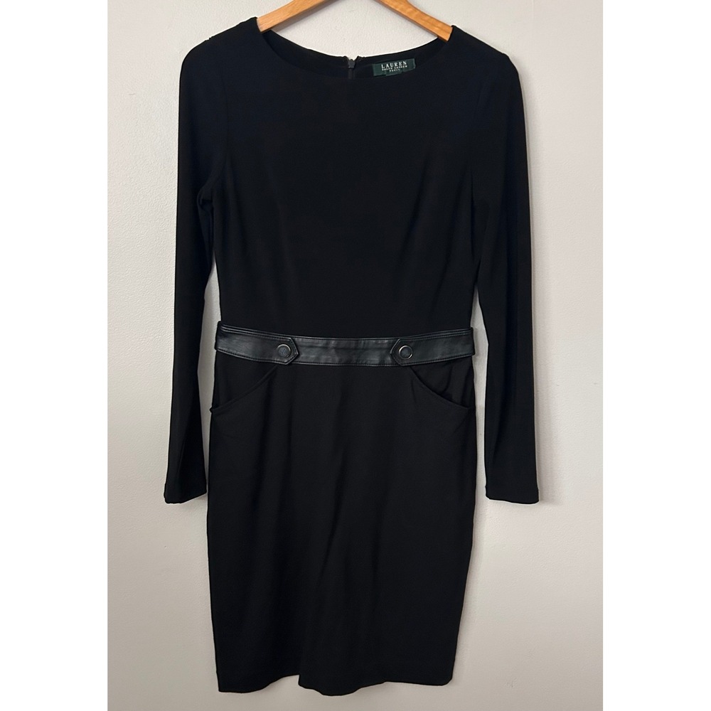 Lauren Ralph Lauren Dress Black Womens 6 Sheath Faux Leather‎ Trim Workwear Chic